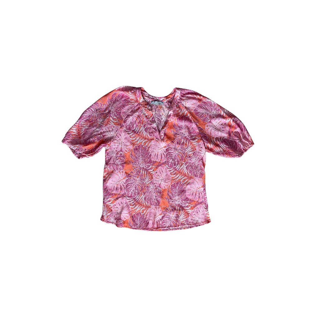 By Design Women's Palm Leaf Pattern Top w/ Notch Neckline & Puff Sleeves_Size L